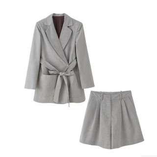 Women Houndstooth Blazer Shorts Set Polyester Woven Lace-up Blazer With Metal Ring Buckle High Waist Shorts Professional Work Daily Casual Outfits For Ladies