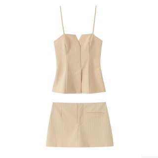 Women's Two Piece Outfits Woven Cotton Blend Striped Camisole V Neck Crop Top and High Waist Skort Shorts Set Fashion Summer Casual Beachwear