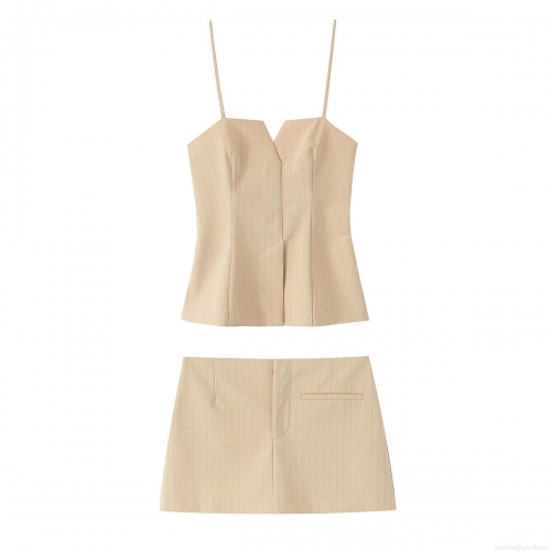 Women's Two Piece Outfits Woven Cotton Blend Striped Camisole V Neck Crop Top and High Waist Skort Shorts Set Fashion Summer Casual Beachwear