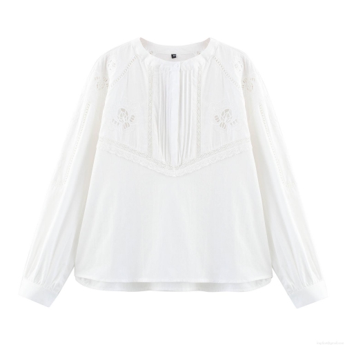 Women's Elegant White Embroidery Hollow Out Shirt and Shorts Set Cotton Blend Long Sleeve Lace Patchwork Casual Two Piece Shorts Outfit