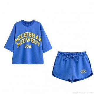 Women's 2 Piece Outfits Cotton Blend Letter Print Short Sleeve T-Shirt and Drawstring Shorts Casual Sporty Lounge Sets Summer Streetwear