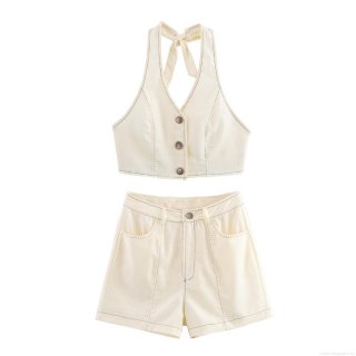 Women's Halter Neck V-Neck Single-Breasted Backless Top and High Waist Contrast Stitching Shorts 2-Piece Cotton Linen Set Summer Casual Streetwear