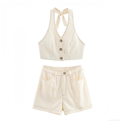 Women's Halter Neck V-Neck Single-Breasted Backless Top and High Waist Contrast Stitching Shorts 2-Piece Cotton Linen Set Summer Casual Streetwear