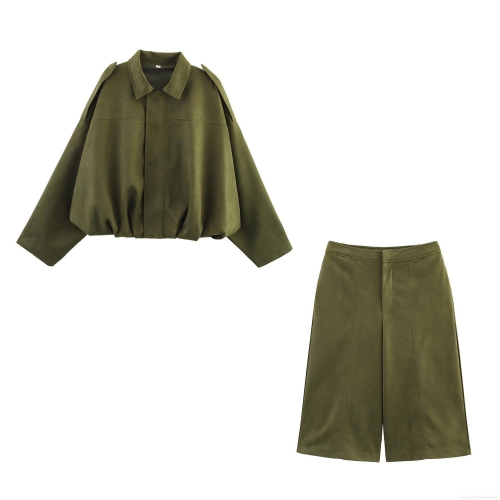 Women's 2 Piece Suede Texture Outfits Set 100% Polyester Cropped Jacket With Epaulets And High Waist Skirt Or Shorts Army Green Streetwear Casual Suits