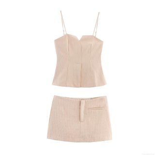Women's Vertical Striped 2 Piece Casual Set Cotton Blend Slim Fit Cami Crop Top and Mini Skort Suit for Summer Streetwear Vacation Beach Wear Beige