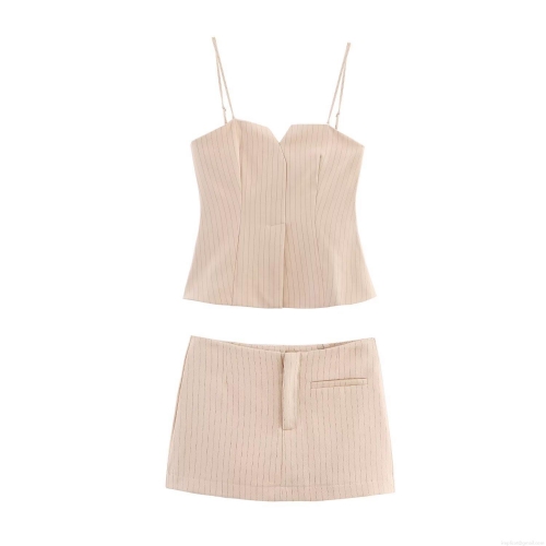 Women's Vertical Striped 2 Piece Casual Set Cotton Blend Slim Fit Cami Crop Top and Mini Skort Suit for Summer Streetwear Vacation Beach Wear Beige