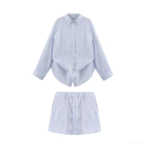 Women's Two Piece Set Long Sleeve Striped Oversized Button Down Shirt And Matching Shorts Skirt Light Blue Vertical Stripe Casual Loose Loungewear Co-ord Outfit For Summer Vacation Beach Wear