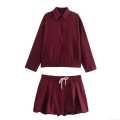 Women Casual 2 Piece Set Solid Burgundy Ancora Red Long Sleeve Zipper Jacket And High Waist Drawstring Lantern Shorts Streetwear Polyester Woven Outfit For Women