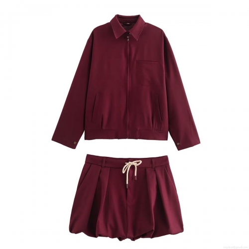 Women Casual 2 Piece Set Solid Burgundy Ancora Red Long Sleeve Zipper Jacket And High Waist Drawstring Lantern Shorts Streetwear Polyester Woven Outfit For Women