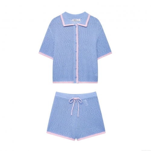 Women's Knitted Two-Piece Shorts Set Hollow Out Polo Top and Drawstring Shorts Casual Summer Outfit French Style Polyester Knitwear for Women