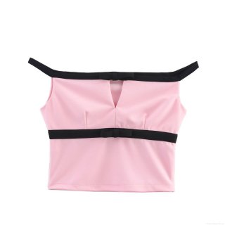 Women Sexy Pink Black Contrast Bow Knot Two Piece Skort Set Off Shoulder Crop Top And Side Split Skirt Shorts Streetwear Outfit For Women Casual Party Summer Co-ords