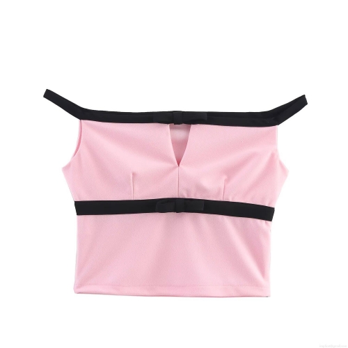 Women Sexy Pink Black Contrast Bow Knot Two Piece Skort Set Off Shoulder Crop Top And Side Split Skirt Shorts Streetwear Outfit For Women Casual Party Summer Co-ords