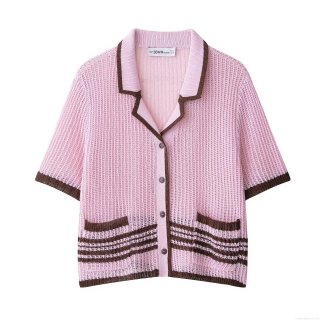 Women's Two-Piece Knit Shorts Set Short Sleeve Button Polo Shirt And Drawstring Shorts Casual Streetwear Pink Brown Striped Trim Summer Outfit High Waist Knitwear Co-ords Set Beachwear Vacation Loungewear