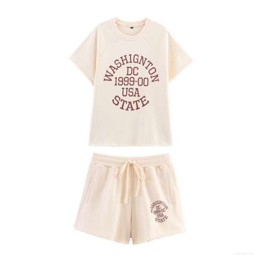 Women's Two-Piece Shorts Set 85% Cotton Retro Washington DC Letter Print Short Sleeve T-Shirt And Elastic Waist Shorts Summer Streetwear Outfit