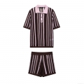 Women's Two Piece Knit Shorts Set Striped Polo Neck Short Sleeve Top And Drawstring Shorts Casual Polyester Knit Summer Beach Outfits