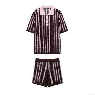 Women's Two Piece Knit Shorts Set Striped Polo Neck Short Sleeve Top And Drawstring Shorts Casual Polyester Knit Summer Beach Outfits