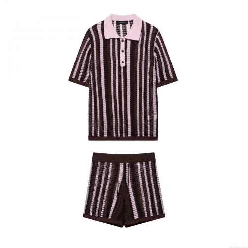 Women's Two Piece Knit Shorts Set Striped Polo Neck Short Sleeve Top And Drawstring Shorts Casual Polyester Knit Summer Beach Outfits