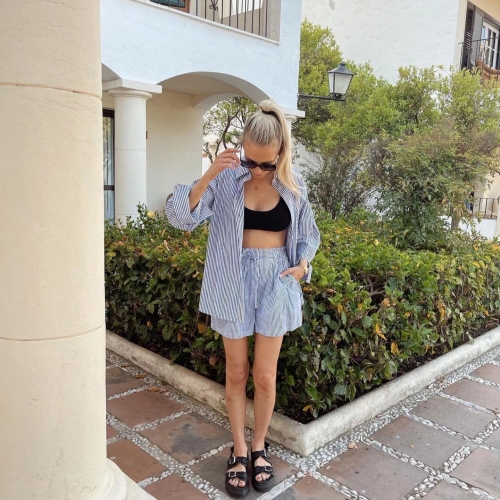 Women Striped Long Sleeve Button Down Shirt And High Waist Shorts Two Piece Set Casual Loose Summer Beach Holiday Outfit Loungewear