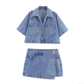 Women's Casual Denim Two-Piece Set Short Sleeve Lapel Button Up Shirt Top And Irregular Wrap Skort Pants Set Streetwear Light Blue Wash Denim Outfit