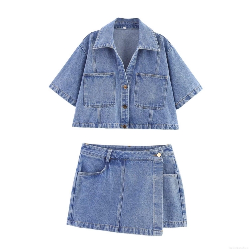 Women's Casual Denim Two-Piece Set Short Sleeve Lapel Button Up Shirt Top And Irregular Wrap Skort Pants Set Streetwear Light Blue Wash Denim Outfit