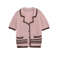 Women's Knitted Two Piece Shorts Set Vintage Contrast Trim Polo Shirt Top and Striped Knit Shorts Casual Summer Outfits Pink