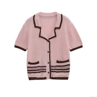Women's Knitted Two Piece Shorts Set Vintage Contrast Trim Polo Shirt Top and Striped Knit Shorts Casual Summer Outfits Pink