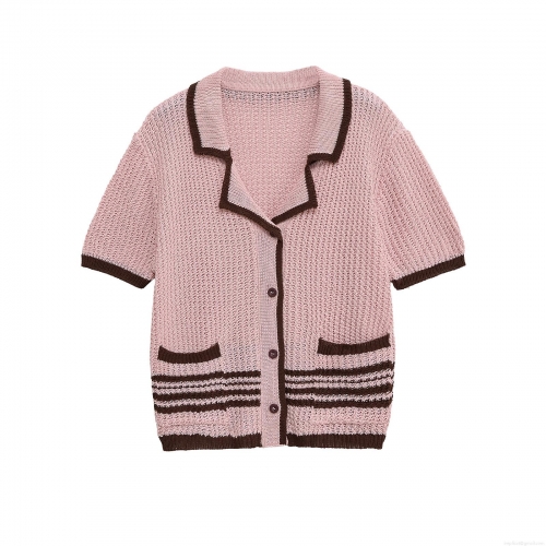 Women's Knitted Two Piece Shorts Set Vintage Contrast Trim Polo Shirt Top and Striped Knit Shorts Casual Summer Outfits Pink