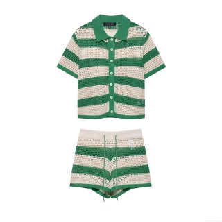 Women's Striped Knit Polo Top And Shorts Set Polyester Crochet Hollow Out Short Sleeve Two Piece Outfits Casual Summer Streetwear Set For Women