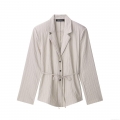 Women's Casual Two Piece Outfits Pleated Blazer And Shorts Set Crinkled Vertical Stripe Texture Drawstring Waist Blazer With Matching Pockets Shorts Streetwear Office Lady Beige Grey