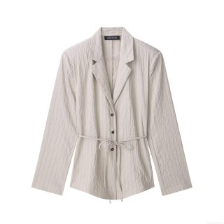 Women's Casual Two Piece Outfits Pleated Blazer And Shorts Set Crinkled Vertical Stripe Texture Drawstring Waist Blazer With Matching Pockets Shorts Streetwear Office Lady Beige Grey