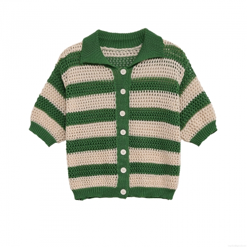 Women's Hollow Out Crochet Knit Stripe Two Piece Set Short Sleeve Polo Collar Button Up Shirt and Drawstring Waist Shorts Casual Summer Beach Vacation Outfits