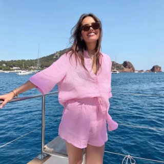 Women's Two Piece Shorts Set Faux Linen Short Sleeve Button Down Shirt And Elastic Waist Shorts Vacation Casual Summer Outfits Solid Color Loungewear