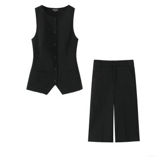Women Two Piece Suit Set Black Sleeveless Single Breasted Vest and High Waisted Wide Leg Shorts Casual Office Streetwear Co-ord Outfits