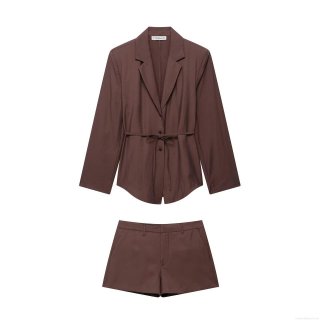 Women's Elegant 2 Piece Suit Set Solid Color Blazer With Belt And Matching Shorts 100% Polyester Woven Long Sleeve Office Lady Streetwear Outfit