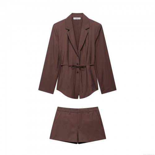 Women's Elegant 2 Piece Suit Set Solid Color Blazer With Belt And Matching Shorts 100% Polyester Woven Long Sleeve Office Lady Streetwear Outfit