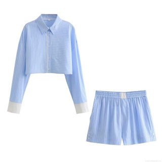 Women's Casual Blue Striped Two Piece Outfits Long Sleeve Cropped Patchwork Shirt And Elastic Waist Shorts Summer Streetwear Sets