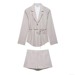 Women's Pinstripe Blazer and Shorts Set Two-Piece Business Casual Outfit Belted Waist Jacket High Waisted Shorts Work Office Party Elegant Grey Suits
