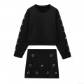 Women's Two Piece Set Black Long Sleeve Sweatshirt and High Waist Mini Skirt with Silver Metal Eyelet Detail Casual Streetwear Outfits