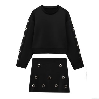 Women's Two Piece Set Black Long Sleeve Sweatshirt and High Waist Mini Skirt with Silver Metal Eyelet Detail Casual Streetwear Outfits
