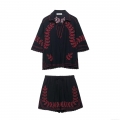 Women's Bohemian 100% Polyester Two Piece Set V Neck Short Sleeve Leaf Embroidery Shirt and Scalloped Hem Shorts Casual Vacation Outfit