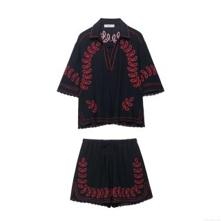 Women's Bohemian 100% Polyester Two Piece Set V Neck Short Sleeve Leaf Embroidery Shirt and Scalloped Hem Shorts Casual Vacation Outfit