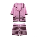 Women's Striped Knit Polo Set Contrast Color Short Sleeve Button Up Cardigan And Drawstring Shorts Two Piece Casual Streetwear Loungewear Outfit