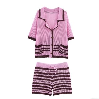 Women's Striped Knit Polo Set Contrast Color Short Sleeve Button Up Cardigan And Drawstring Shorts Two Piece Casual Streetwear Loungewear Outfit