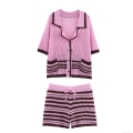 Women's 2 Piece Knit Shorts Set Pink Striped V-Neck Short Sleeve Button-Down Cardigan Top and Elastic Waist Drawstring Shorts Casual Summer Streetwear Loungewear Outfit