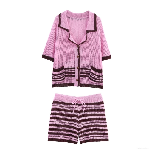 Women's 2 Piece Knit Shorts Set Pink Striped V-Neck Short Sleeve Button-Down Cardigan Top and Elastic Waist Drawstring Shorts Casual Summer Streetwear Loungewear Outfit