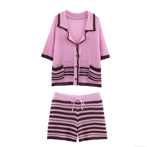 Women Knit Two Piece Set Polyester Stripe POLO Collar Short Sleeve Button Up Cardigan And Drawstring Shorts Casual Summer Streetwear Outfit