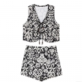 Women's Bohemian Two Piece Set Black and White Ethnic Print V-Neck Tie Up Crop Top and High Waist Shorts Culottes with Wooden Beads Summer Vacation Outfit