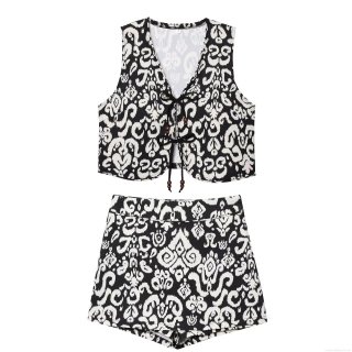 Women's Bohemian Two Piece Set Black and White Ethnic Print V-Neck Tie Up Crop Top and High Waist Shorts Culottes with Wooden Beads Summer Vacation Outfit