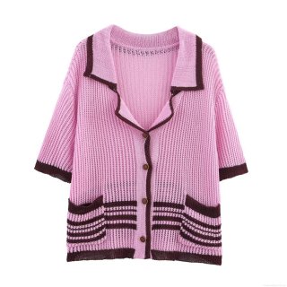 Women's Pink Striped Knit Two Piece Set Polo Collar Short Sleeve Button Up Top and Drawstring Shorts Casual Summer Beachwear Crochet Outfit