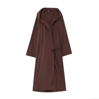 Women Fashion Brown Hooded Long Trench Coat and Satin Shorts Two Piece Set Waterproof Lightweight Casual Streetwear Outfit with Lace Trim for Spring Fall